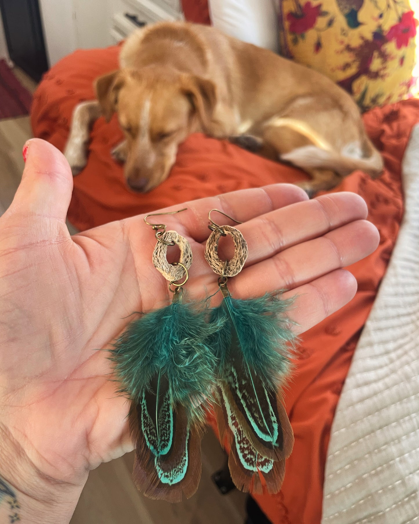 Cholla Cactus Wood and Feather Earrings