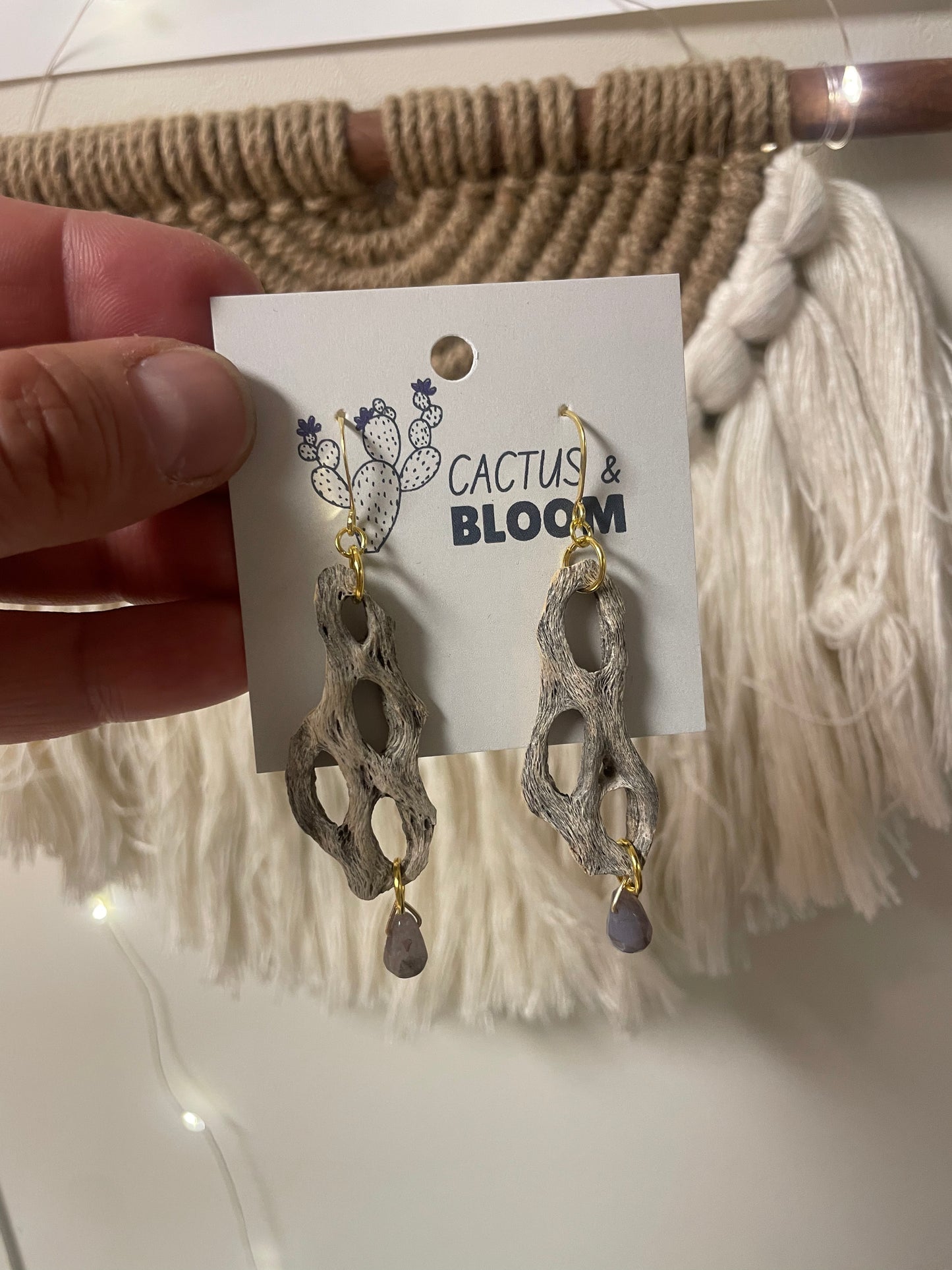 Cactus Wood & Teardrop Indian Agate Earrings