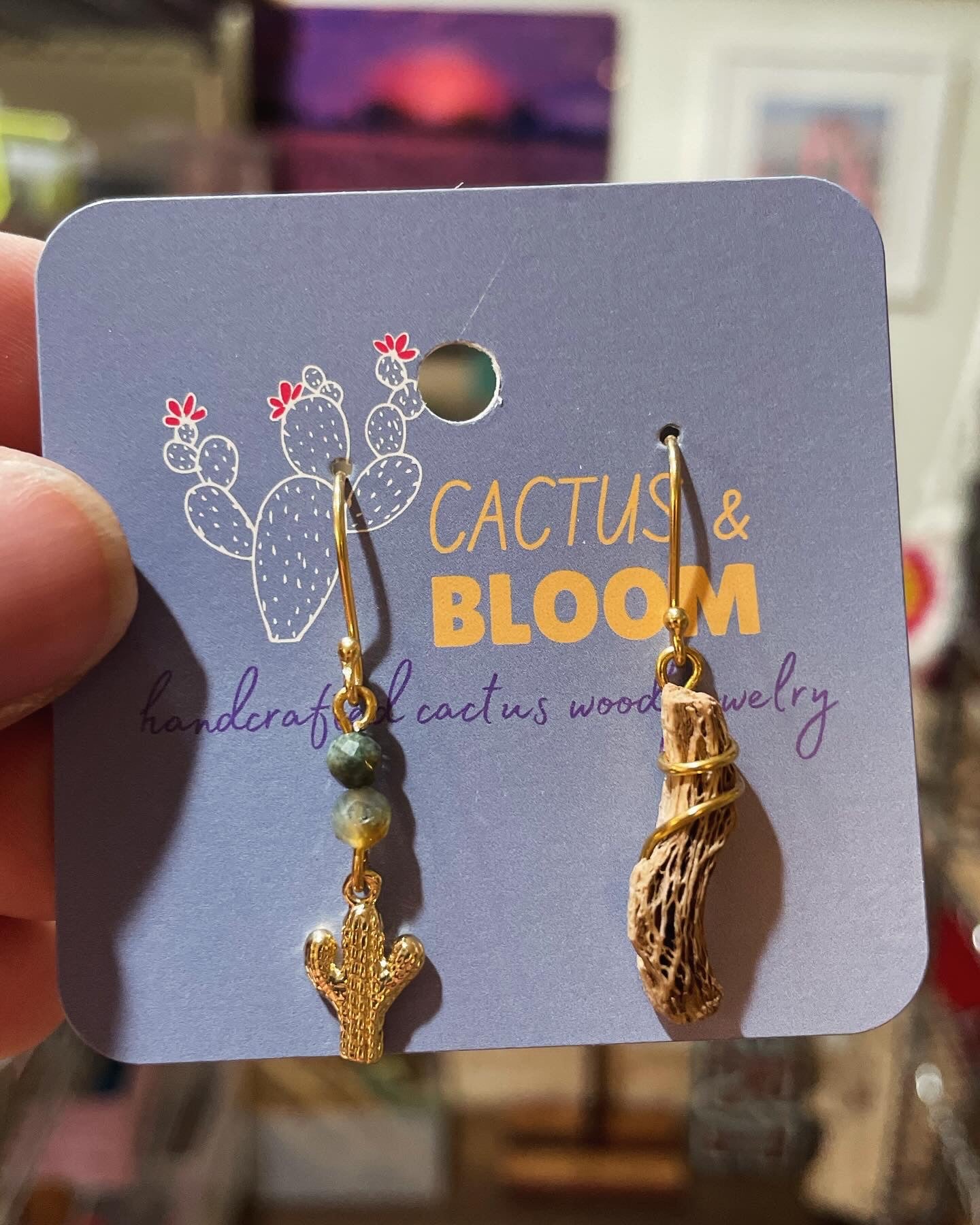 Asymmetrical Cholla Cactus Wood and Cactus Charm Earrings