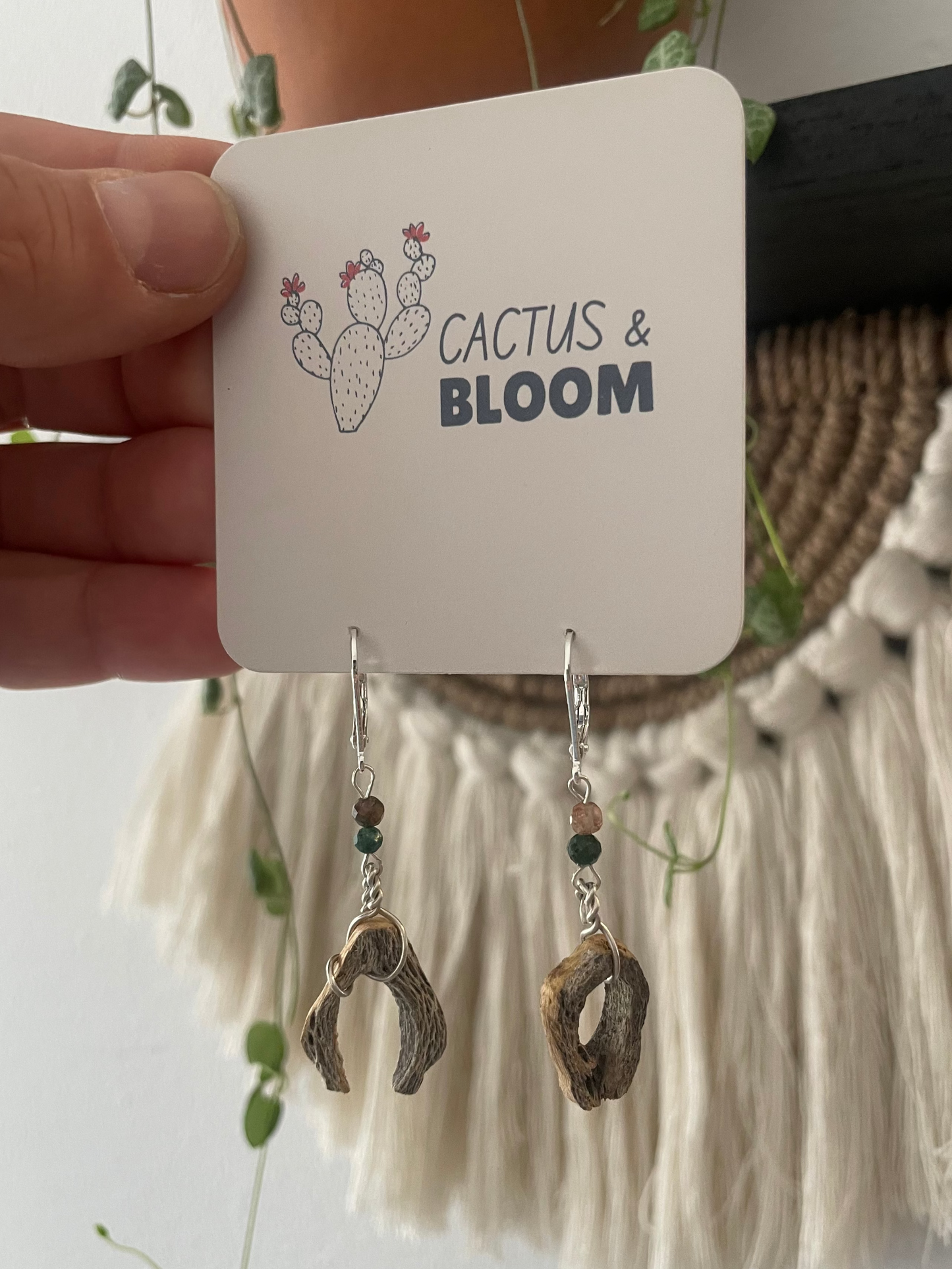 Asymmetrical Cholla Cactus Wood and Indian Agate Earrings