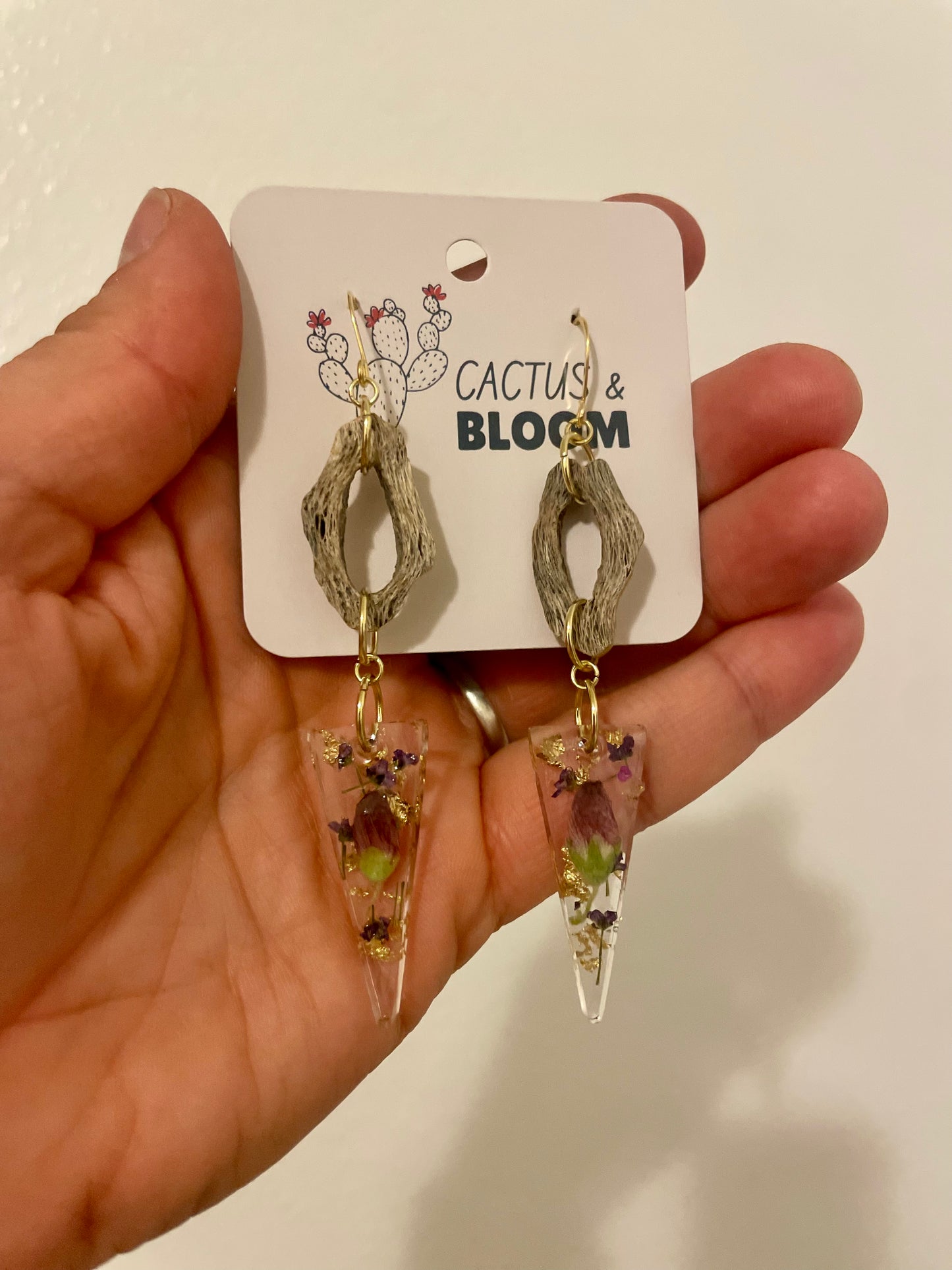 Maiden Cholla Cactus Wood and Pressed Flower Resin Earrings