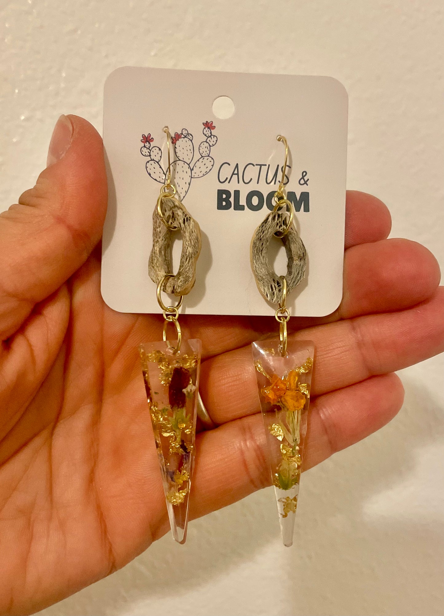 Cholla Cactus Wood and Pressed Flower Resin Earrings
