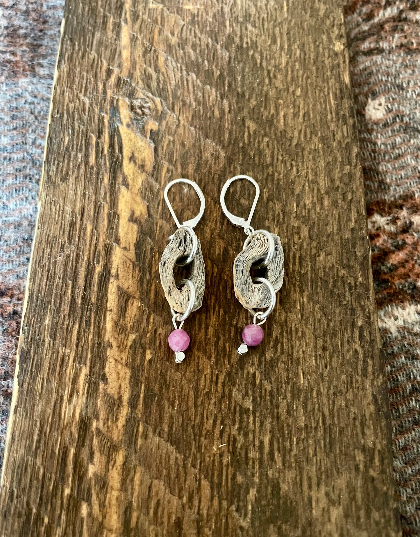 Cholla Cactus Wood and Pink Ruby Earrings - Made To Order