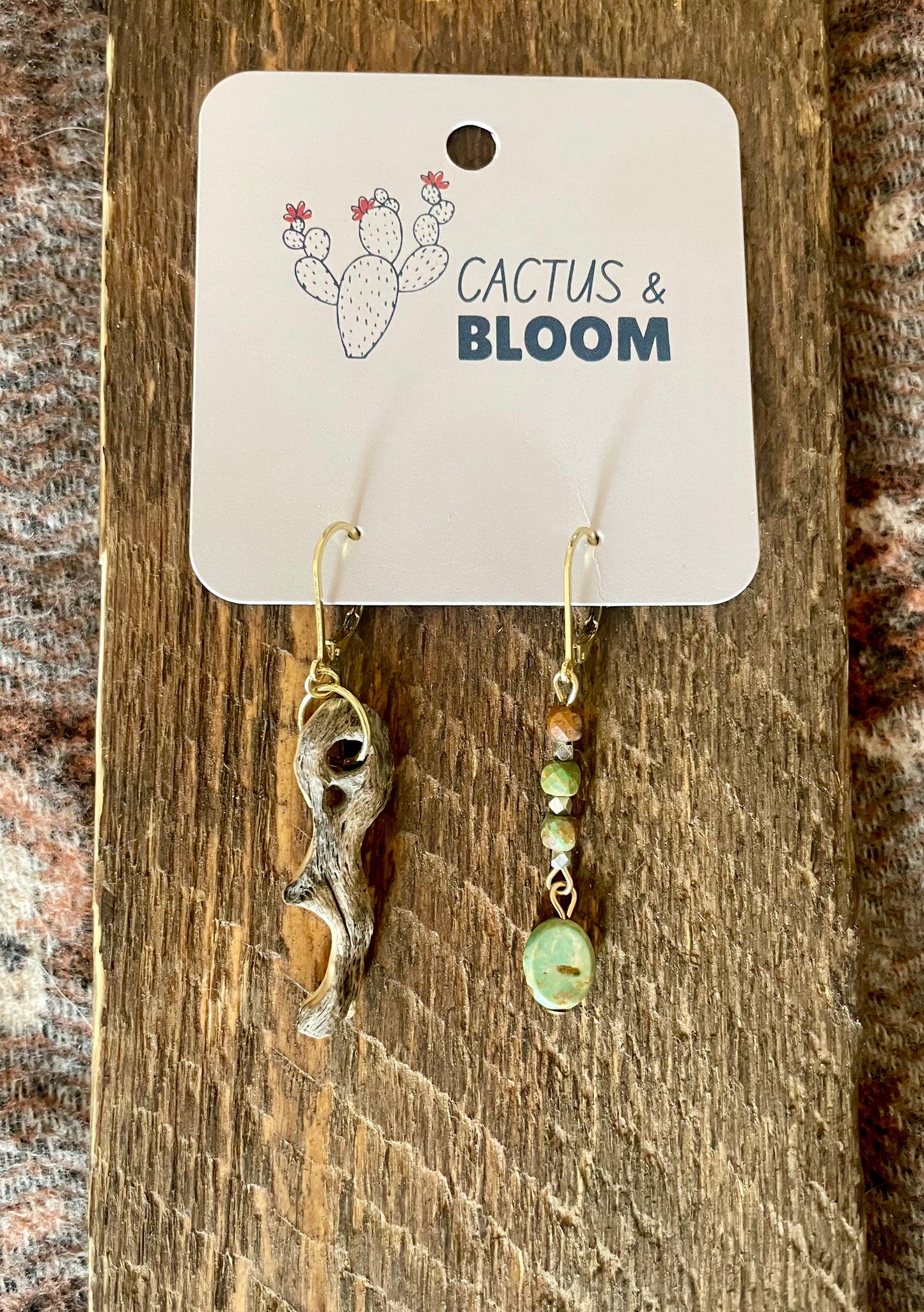Asymmetrical Key Shaped Cholla Cactus Wood and Turquoise Earrings