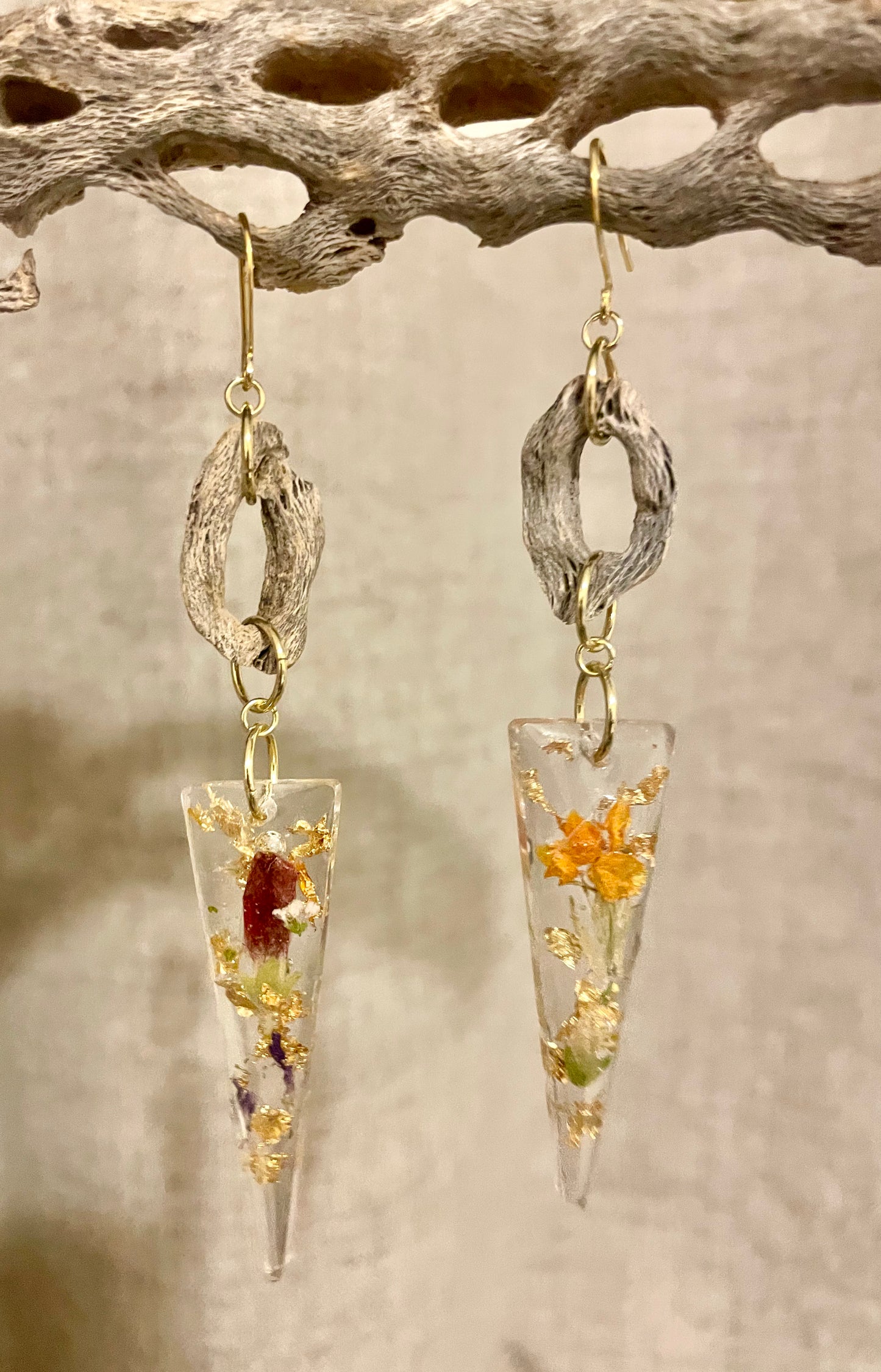 Cholla Cactus Wood and Pressed Flower Resin Earrings