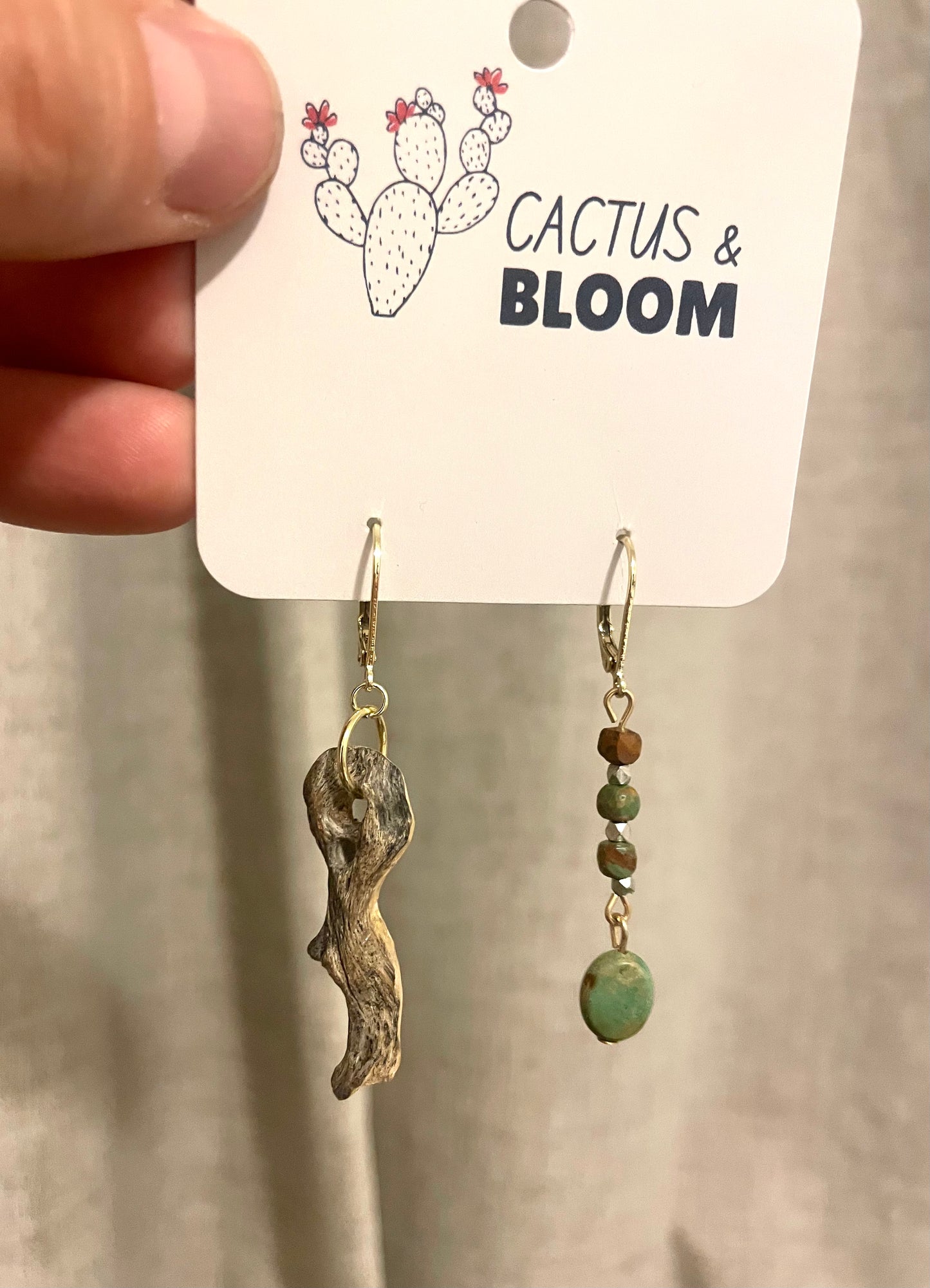 Asymmetrical Key Shaped Cholla Cactus Wood and Turquoise Earrings